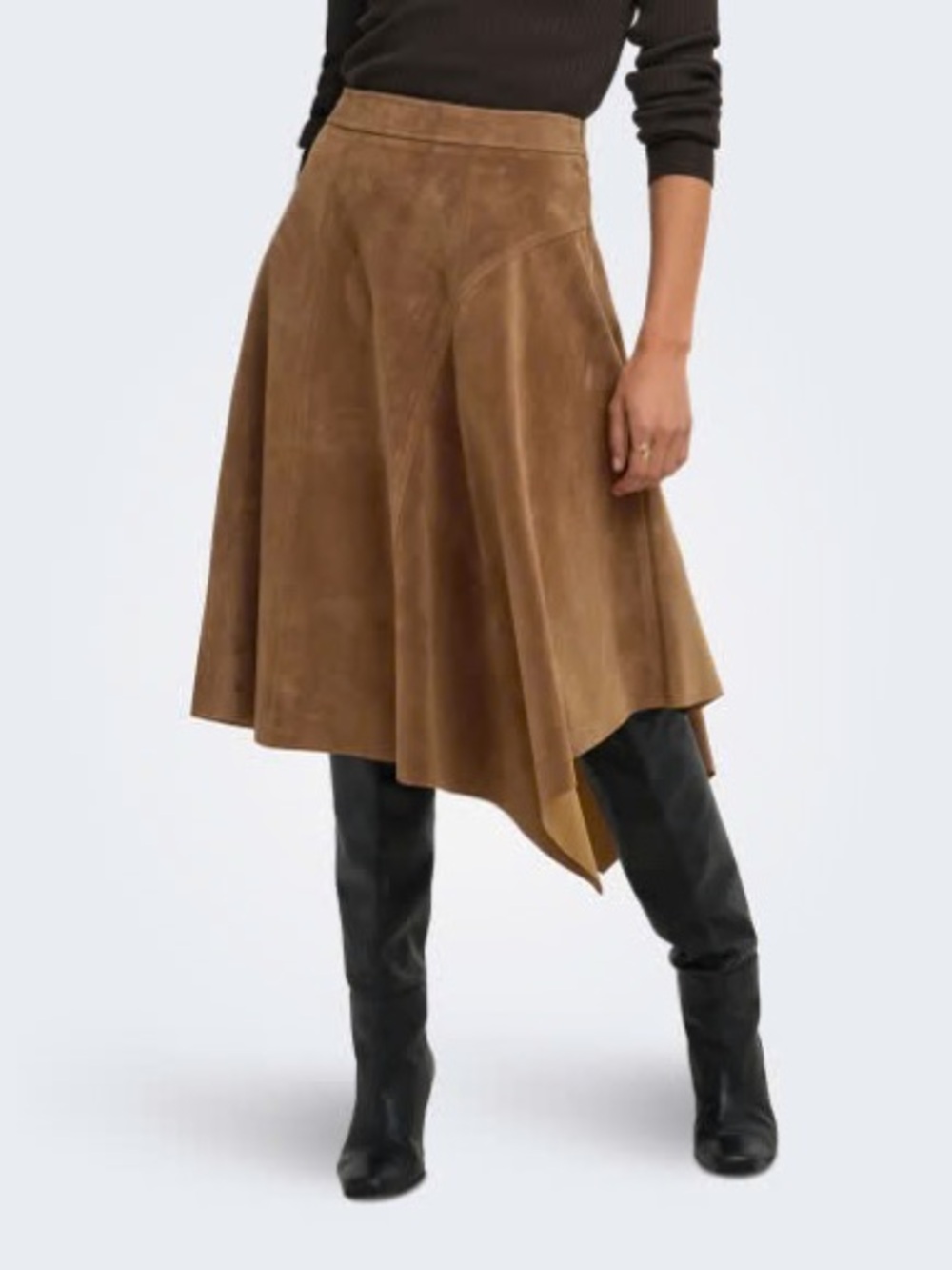 Cider Asymmetrical Suede Midi Skirt in Cognac